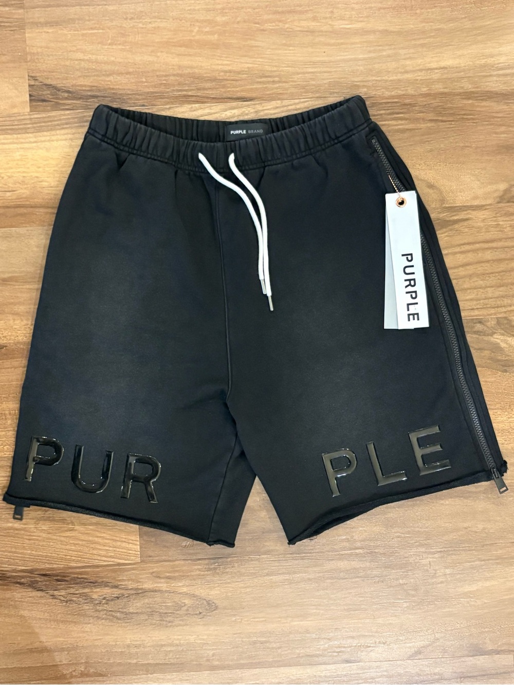PURPLE Brand Men's Black Fleece Zip-Detail Shorts